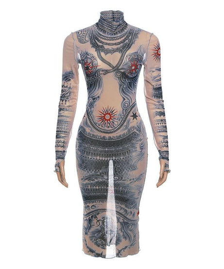 Edgy Tattoo Illusion Mesh Midi Dress with Gloves - Fall & Halloween Statement Piece