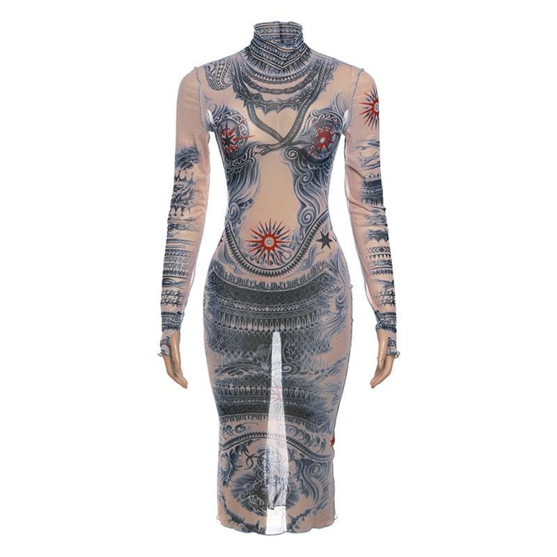 Edgy Tattoo Illusion Mesh Midi Dress with Gloves - Fall & Halloween Statement Piece