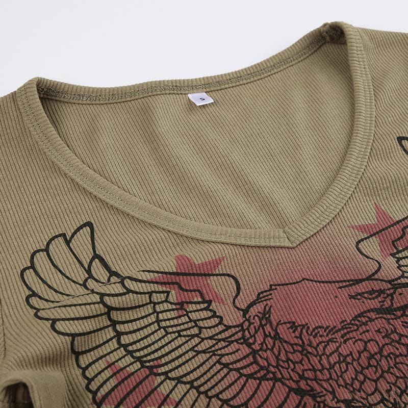 Y2K Grunge Eagle & Tribal Graphic Ribbed V-Neck Long Sleeve Top - Fall Fashion 2025