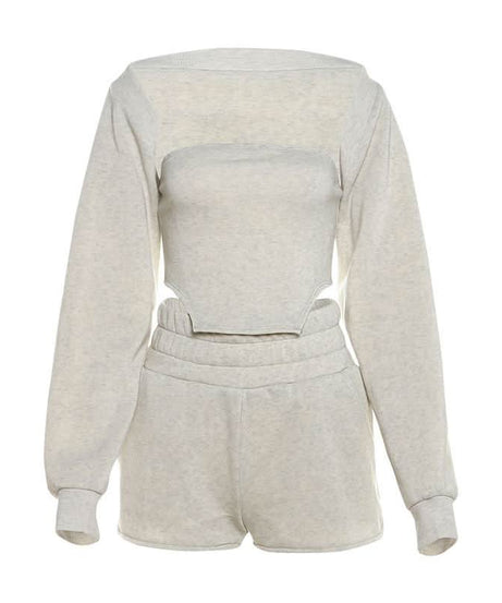 Chic Fall Comfort: Cozy Knit Shrug, Bandeau Top & Shorts Loungewear Set for Women