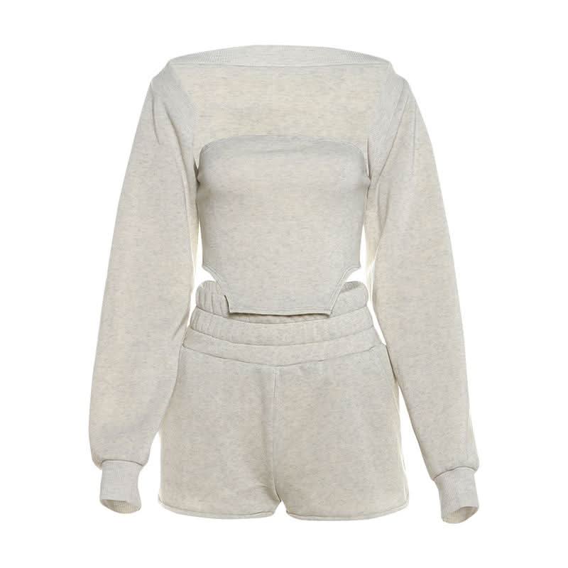 Chic Fall Comfort: Cozy Knit Shrug, Bandeau Top & Shorts Loungewear Set for Women