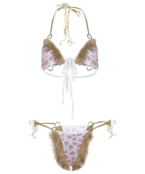 Wild Bloom Fluffy Halter Bikini & Lingerie Set - O-Ring Floral, Festival & Halloween Ready