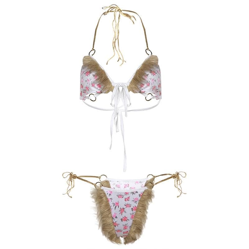 Wild Bloom Fluffy Halter Bikini & Lingerie Set - O-Ring Floral, Festival & Halloween Ready