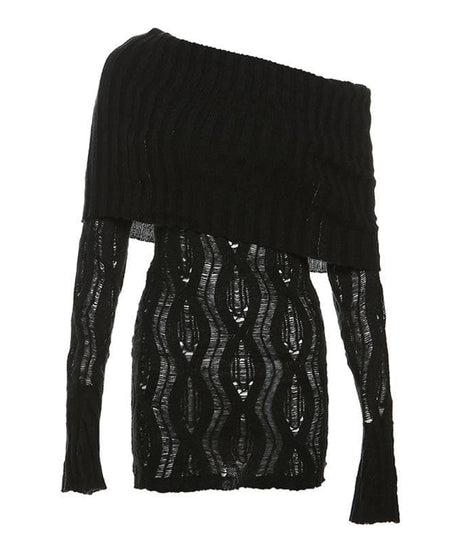 Sultry Black Crochet Off-Shoulder Mini Dress - Fall Party & Night Out Essential