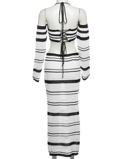 Effortless Fall Style: Striped Knit Maxi Skirt & Lace-Up Off-Shoulder Top Set