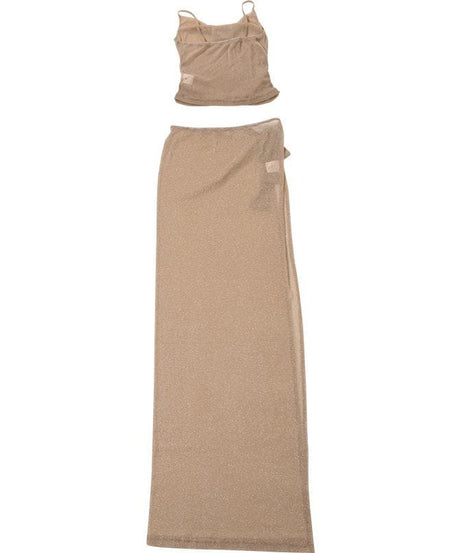 Golden Hour Glam: Shimmer Cowl Neck Crop Top & High Slit Maxi Skirt Set – Perfect for Holiday Parties & Warm Escapes