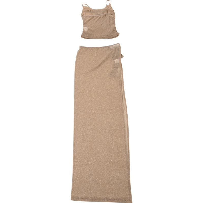 Golden Hour Glam: Shimmer Cowl Neck Crop Top & High Slit Maxi Skirt Set – Perfect for Holiday Parties & Warm Escapes