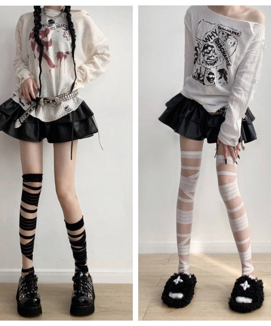 Spooky Season Essential: Gothic Bandage Thigh High Socks – Perfect for Halloween Costumes & Edgy Alt Fashion