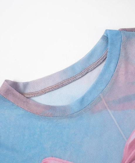 Whimsical Bunny & Pink Bow Mesh Top - Trendy Y2K Fall Style