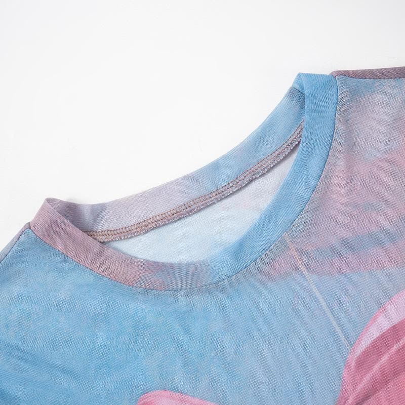 Whimsical Bunny & Pink Bow Mesh Top - Trendy Y2K Fall Style