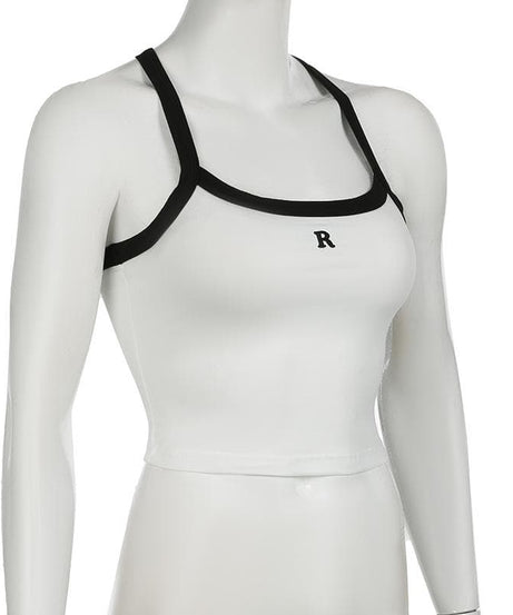 Cozy Chic Navy Racerback Crop Top with 'R' Logo - Fall Athleisure & Layering Essential