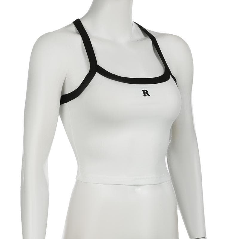 Cozy Chic Navy Racerback Crop Top with 'R' Logo - Fall Athleisure & Layering Essential