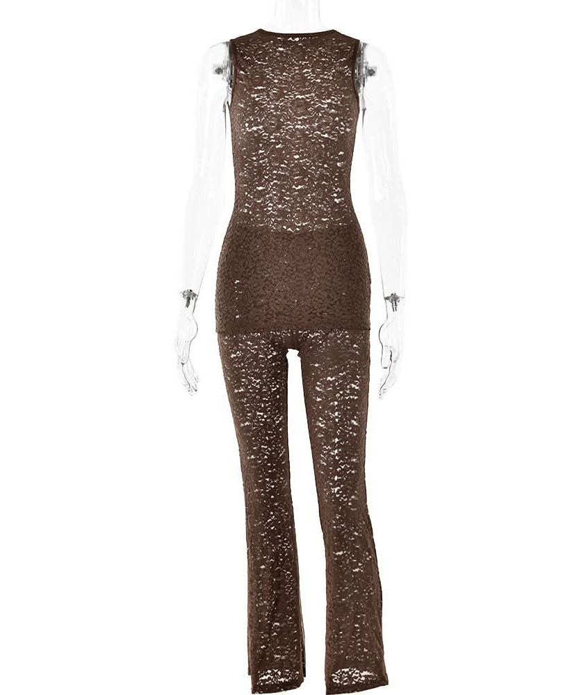 Effortless Elegance: Black Lace Sleeveless Top & Flared Pant Set for Fall & Holiday Glam