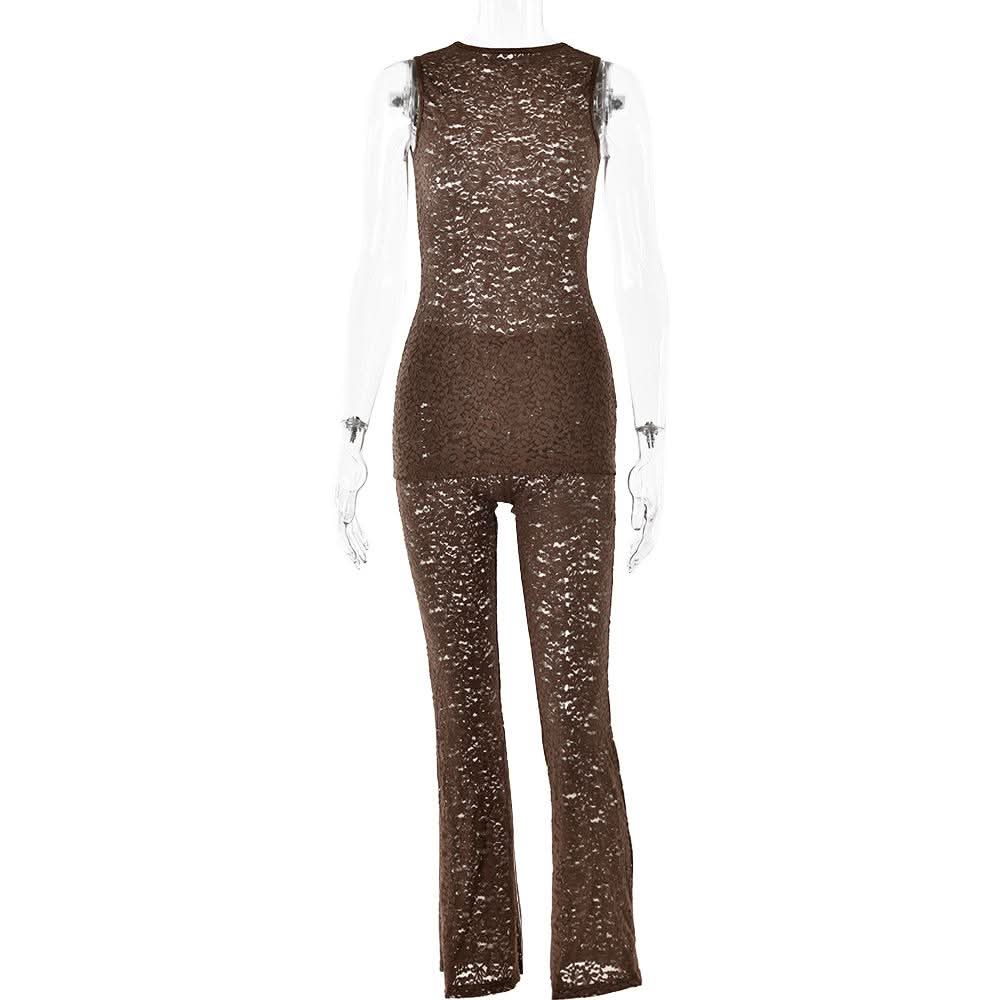 Effortless Elegance: Black Lace Sleeveless Top & Flared Pant Set for Fall & Holiday Glam