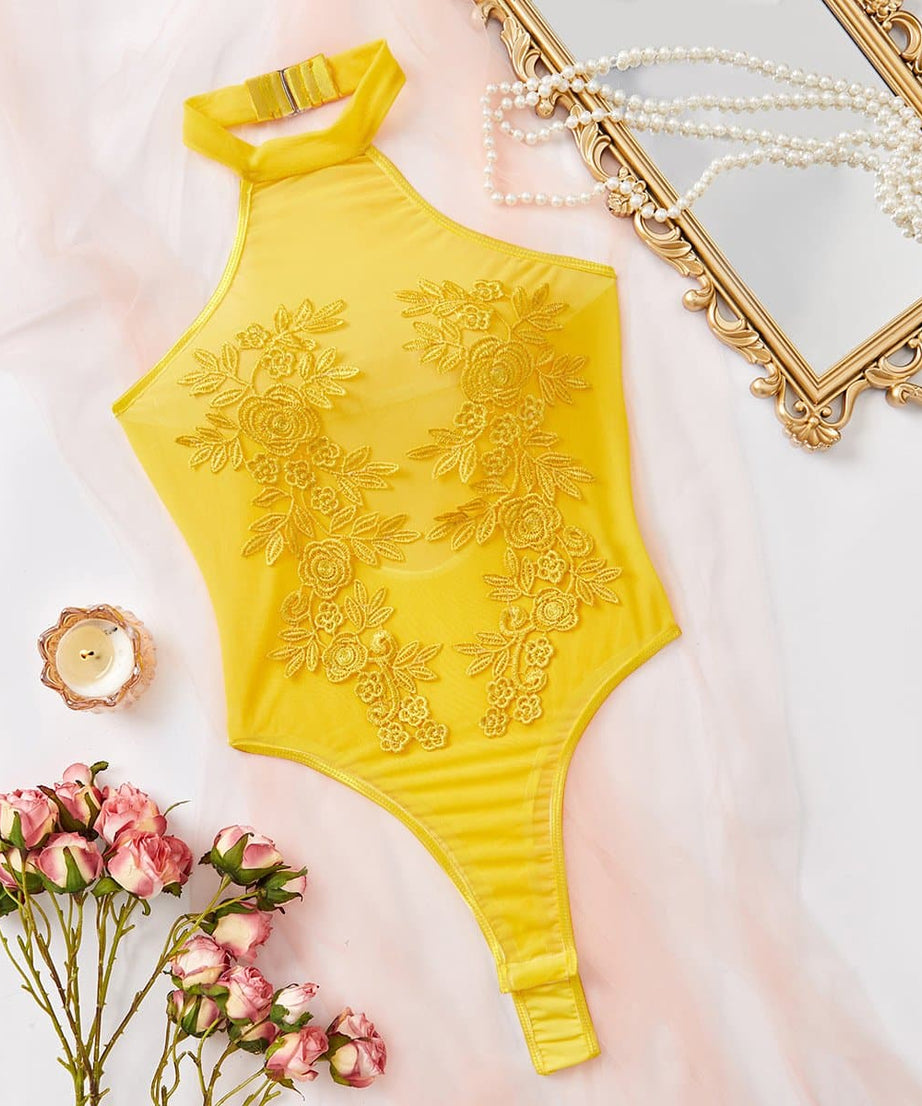 Alluring Black Floral Embroidered Halter Bodysuit - Perfect for Fall Nights & Holiday Glam