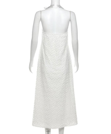 Dreamy White Halter Midi Dress with Satin Bow & Textured Floral – Your Vacation & Spring/Summer Escape