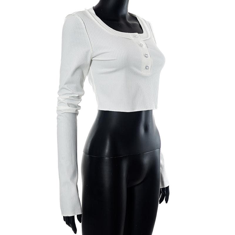 Cozy Chic White Ribbed Henley Crop Top | Long Sleeve Fall Essential for Women