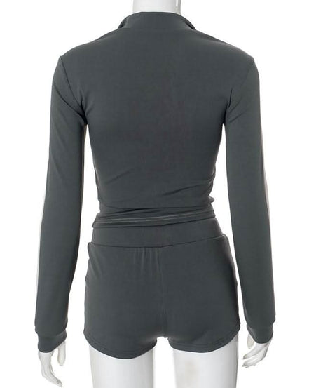Chic Fall Athleisure Set: Women's Full-Zip Crop Jacket & Drawstring Shorts - Cozy Autumn Comfort