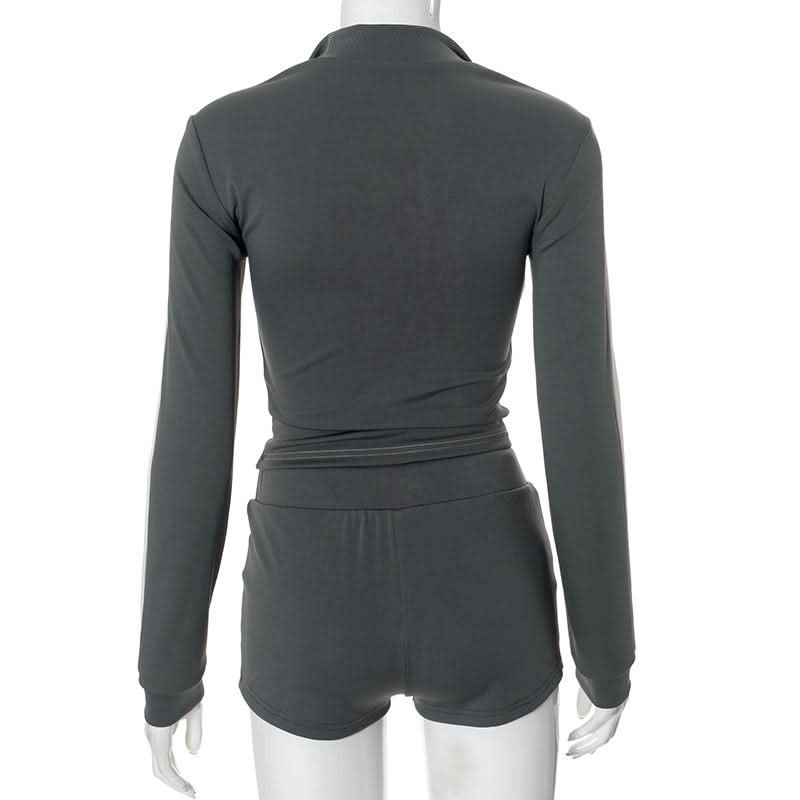 Chic Fall Athleisure Set: Women's Full-Zip Crop Jacket & Drawstring Shorts - Cozy Autumn Comfort