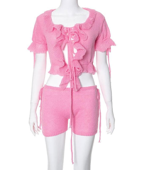 Sweetheart Pink Ruffle Knit Set - Adjustable Crop Top & Shorts | Cozy Fall Chic
