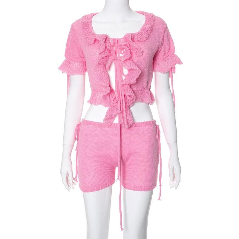 Sweetheart Pink Ruffle Knit Set - Adjustable Crop Top & Shorts | Cozy Fall Chic