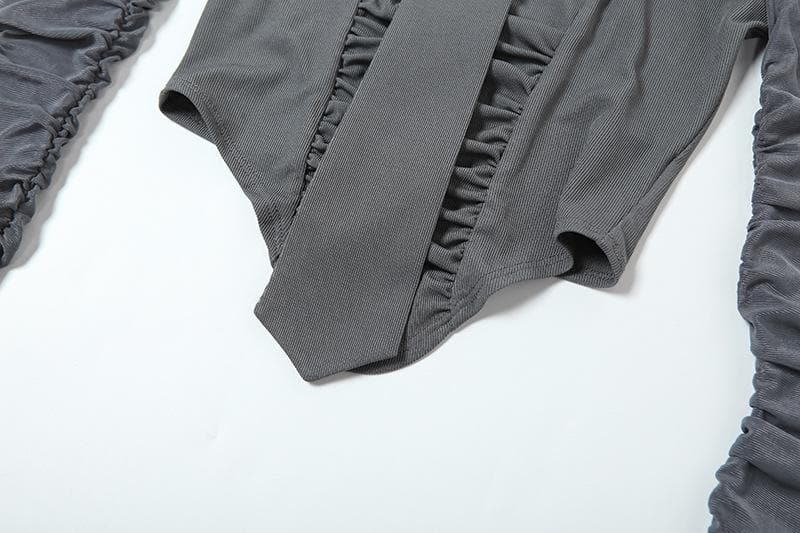 Autumn Allure: Chic Off-Shoulder Halter Ruched Long Sleeve Crop Top - Your Fall Fashion Must-Have