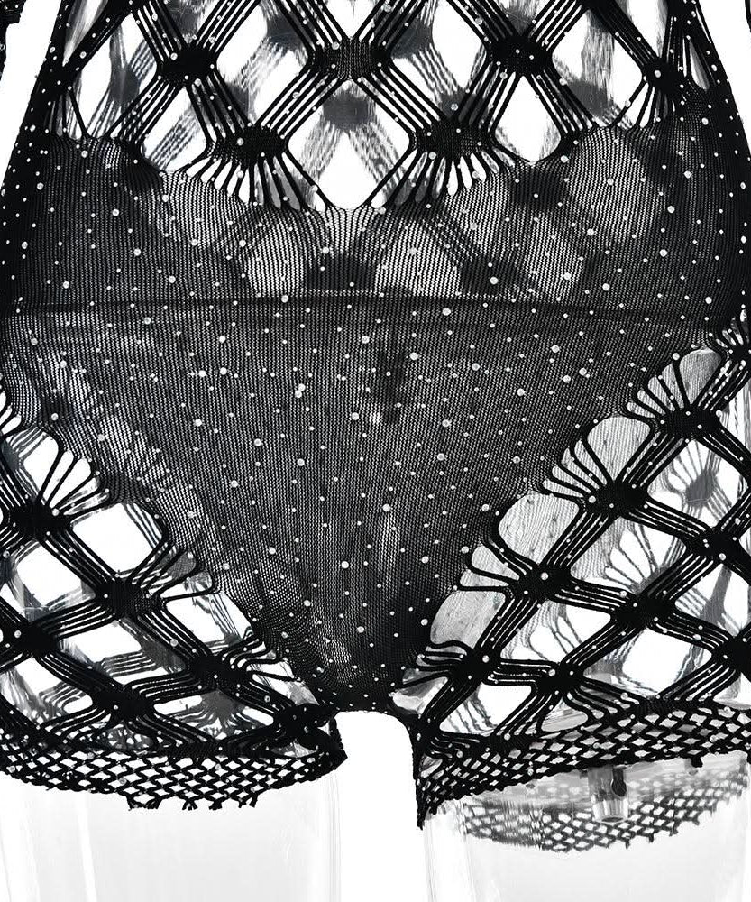 Halloween & Holiday Glam: Dazzling Rhinestone Fishnet Long Sleeve Romper