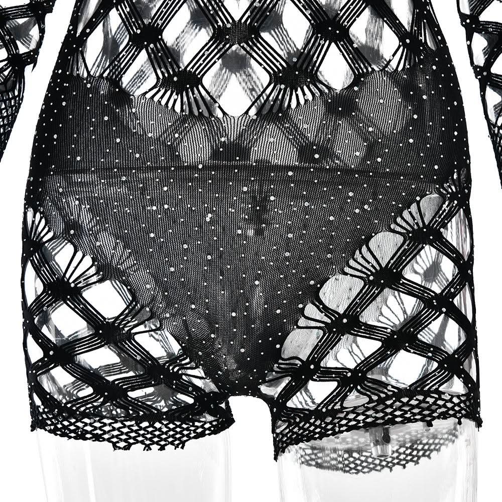 Halloween & Holiday Glam: Dazzling Rhinestone Fishnet Long Sleeve Romper