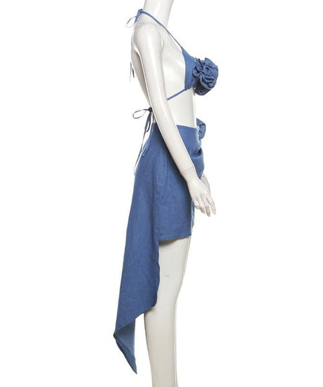 Dusty Blue Floral Halter Top & Asymmetric Midi Skirt Set - Your Chic Vacation & Resort Getaway Essential