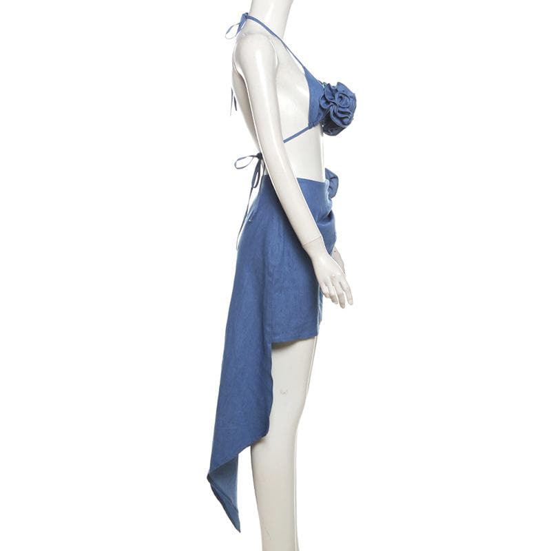 Dusty Blue Floral Halter Top & Asymmetric Midi Skirt Set - Your Chic Vacation & Resort Getaway Essential