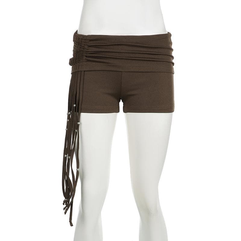 Spooky Season Chic: Y2K Low-Rise Ruched Shorts with Dazzling Beaded Tassels – Perfect for Fall Parties & Halloween