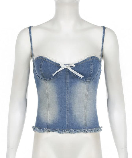 Y2K Coquette Denim Bustier Cami Top with Dainty Lace & Bow - Fall Ready Frayed Hem