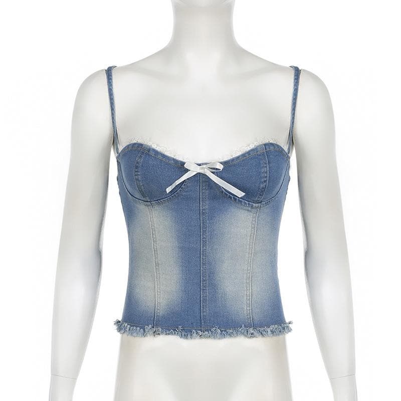 Y2K Coquette Denim Bustier Cami Top with Dainty Lace & Bow - Fall Ready Frayed Hem