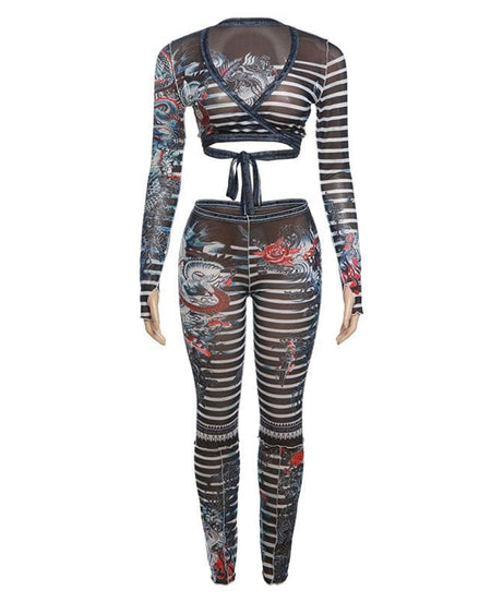 Fierce Dragon Tattoo Illusion Mesh Two-Piece Set - Your Ultimate Fall Party & Halloween Vibe!