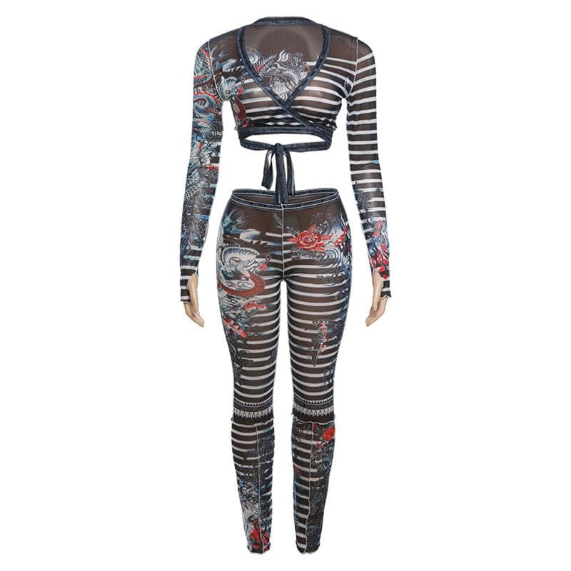 Fierce Dragon Tattoo Illusion Mesh Two-Piece Set - Your Ultimate Fall Party & Halloween Vibe!