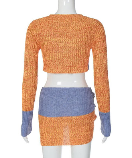 Chic Colorblock Knit Two-Piece Set: Fall Cutout Crop Top & Mini Skirt