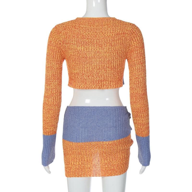Chic Colorblock Knit Two-Piece Set: Fall Cutout Crop Top & Mini Skirt