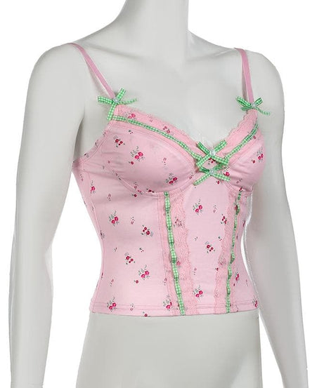 Sweetheart Pink Floral Cami Top with Gingham & Lace | Cozy Autumn Layering & Cottagecore Charm