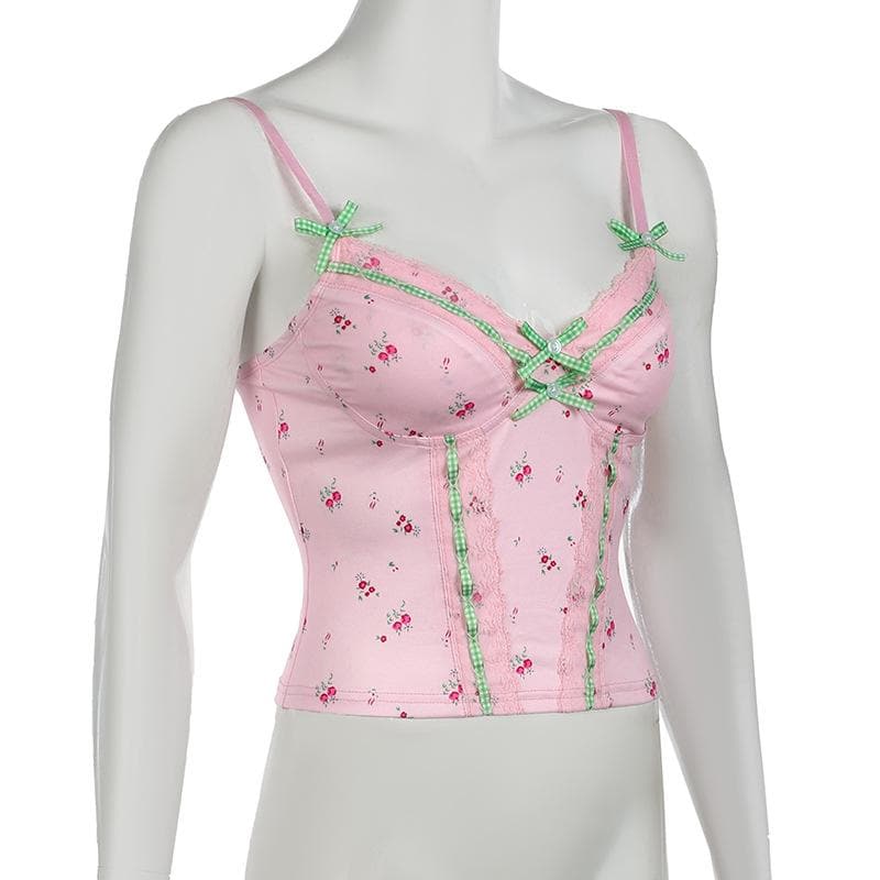 Sweetheart Pink Floral Cami Top with Gingham & Lace | Cozy Autumn Layering & Cottagecore Charm