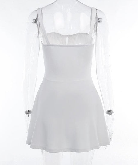 White Drawstring Ruched Bustier Mini Dress - Flirty Cami Cutout for Parties, Vacations & Halloween