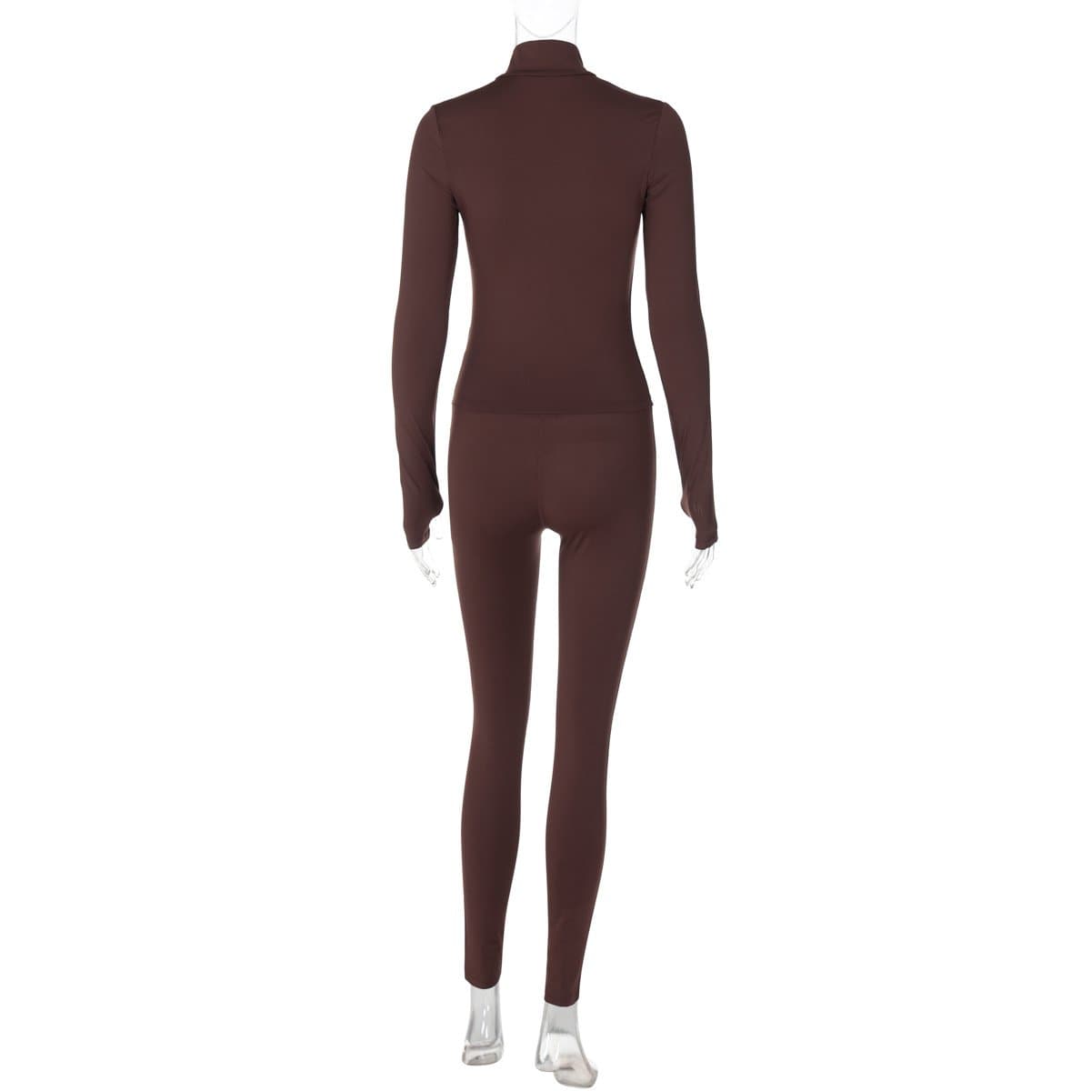 Cozy Fall Chic: Women's Brown Full-Zip Athleisure Set with Thumbholes