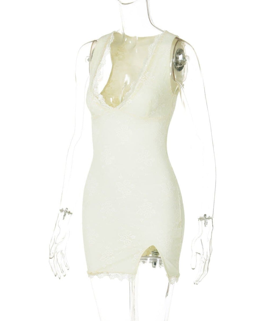 Alluring Ivory Lace V-Neck Mini Dress with Slit | Perfect for Fall Parties & Date Nights