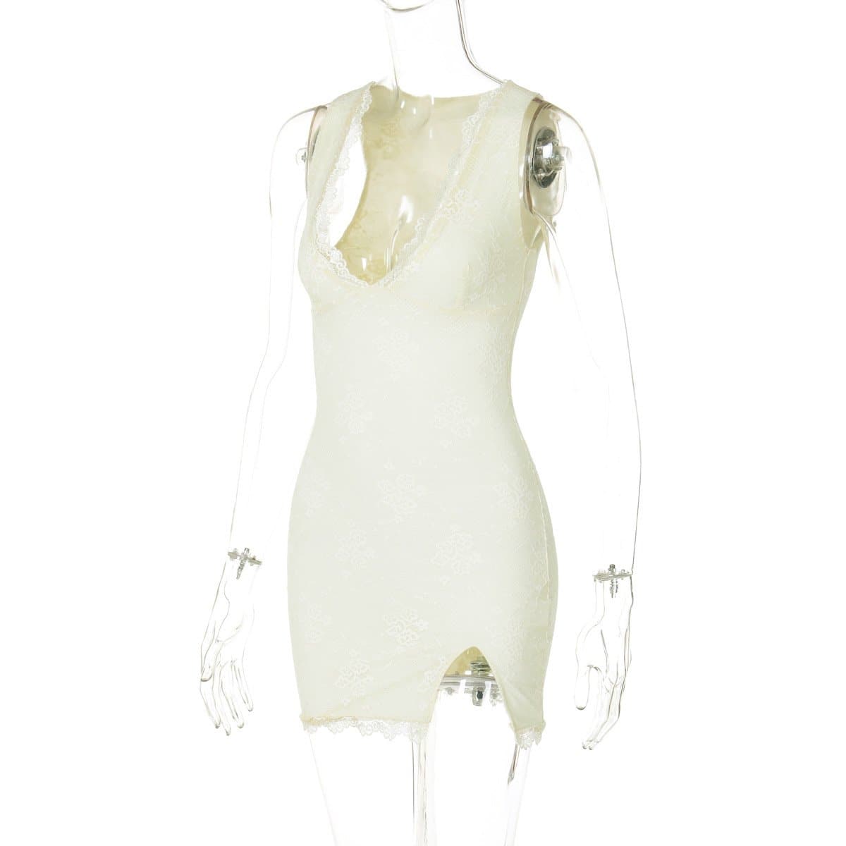 Alluring Ivory Lace V-Neck Mini Dress with Slit | Perfect for Fall Parties & Date Nights