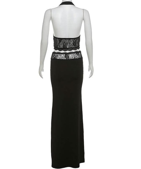 Timeless Black Lace Halter Crop Top & Mermaid Maxi Skirt Set - Your Go-To for Fall & Holiday Glamour