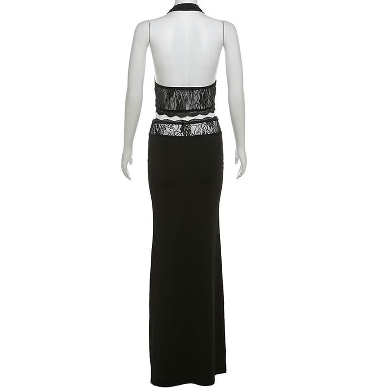 Timeless Black Lace Halter Crop Top & Mermaid Maxi Skirt Set - Your Go-To for Fall & Holiday Glamour