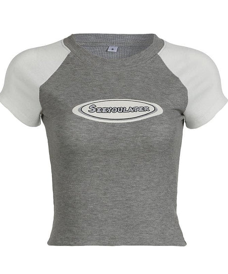 Y2K Retro Ribbed Raglan Crop Top - Women's 'SEEYOULATER' Graphic Tee