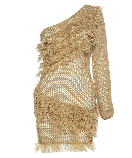Fall Fringe Flair: One-Shoulder Crochet Knit Mini Dress | Chic Party & Holiday Statement