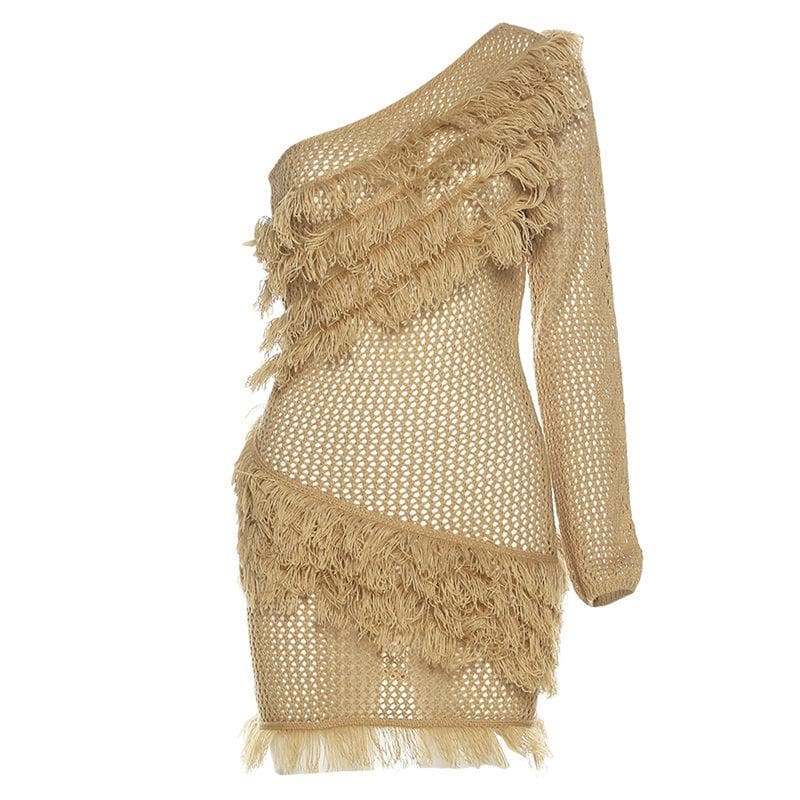 Fall Fringe Flair: One-Shoulder Crochet Knit Mini Dress | Chic Party & Holiday Statement