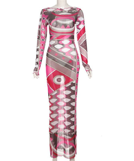 Fall & Holiday Glam: Geo-Abstract Mesh Maxi Dress - Long Sleeve Bodycon Statement