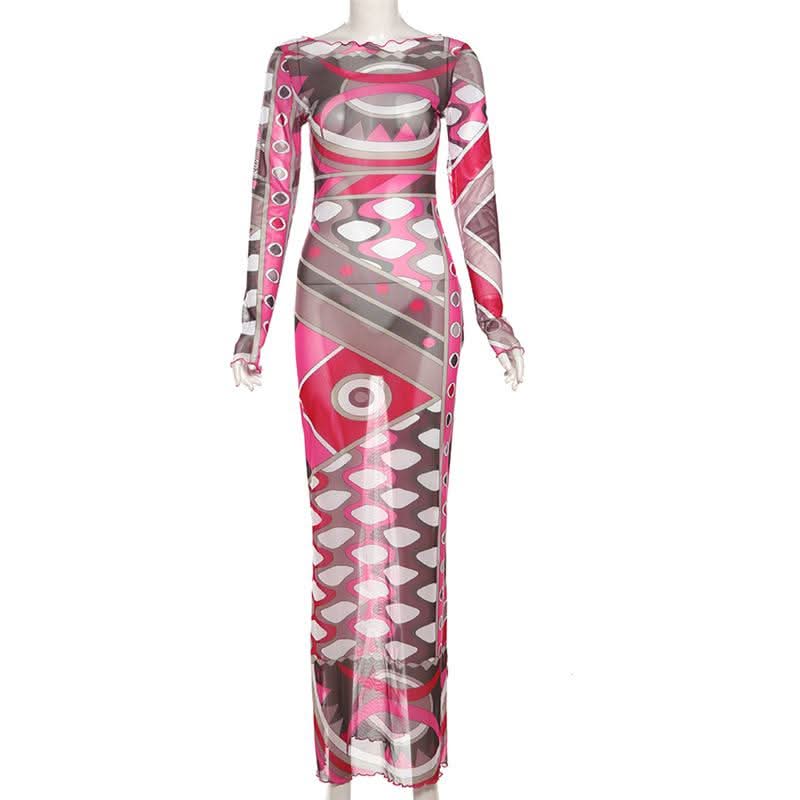 Fall & Holiday Glam: Geo-Abstract Mesh Maxi Dress - Long Sleeve Bodycon Statement